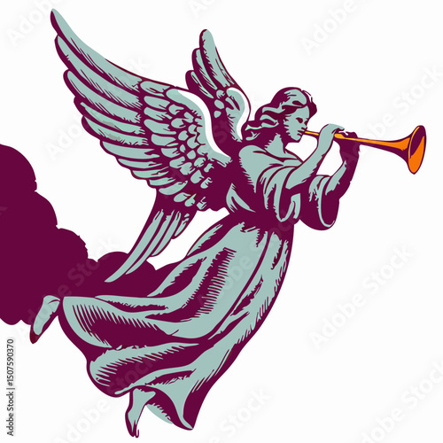 Angel with Trumpet, Vintage Illustration, Heavenly Messenger