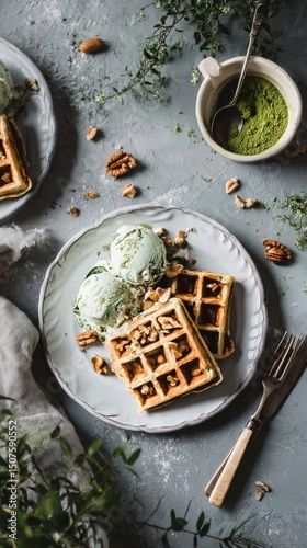 Delicious Waffles Topped With Ice Cream and Nuts Served on a Decorative Plate