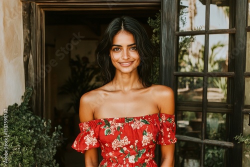 Smiling Woman in Floral Dress Stands at Doorway of Bright Building Surrounded...