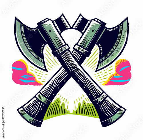 Crossed Axes Graphic Design, Vintage Style Illustration