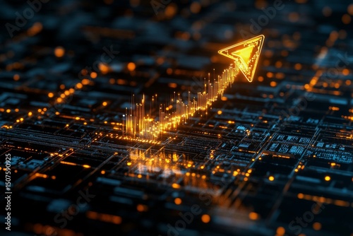 Digital Arrow Depicting Growth Over a Circuit Board With Glowing Elements and...