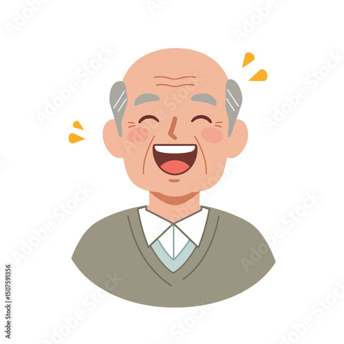 Senior man laughing with delight, happy and content aging concept. Vector illustration. Grandfather or father smiling