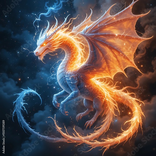 Fiery And Icy Dragon In Flight, Abstract Digital Artwork
