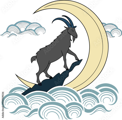Symbolic Goat Illustration for Eid al Adha  Centered in Moon Clouds & Water