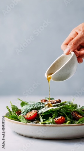 Fresh Spinach Salad With Cherry Tomatoes and Olive Oil Drizzle at a Bright Ki...