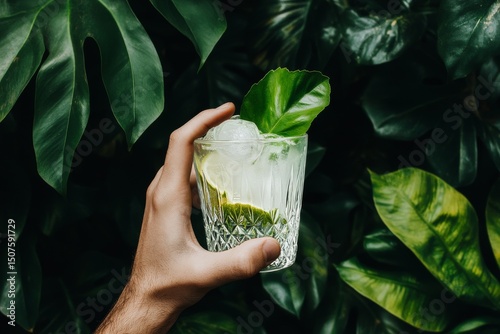 Refreshing Cocktail With Lime and Ice Held in a Hand Against Lush Green Leaves