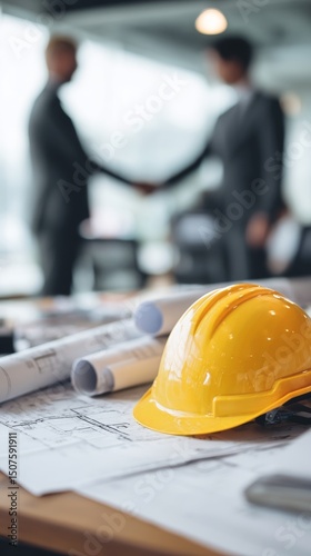 Construction Professionalism Highlighted by Yellow Hard Hat and Handshake in ...