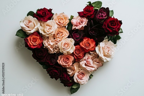 Fresh Roses Arranged in a Heart Shape on a Light Background for a Romantic Oc...