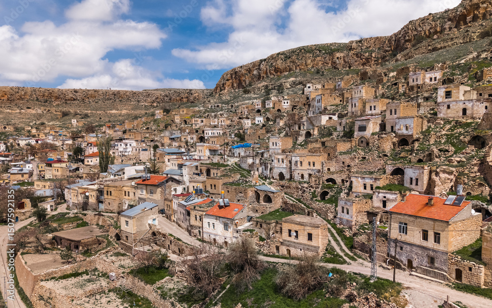 Obraz premium Aerial view of ancient Akkoy village in Urgup district of Nevsehir province of Turkey