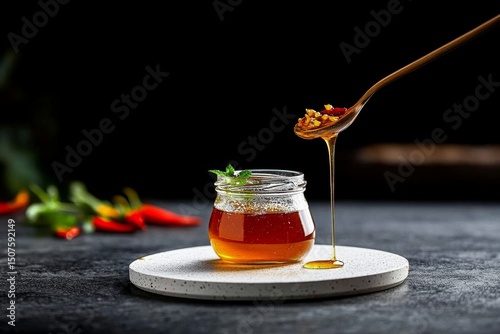 Delicious Honey Drizzling From a Wooden Spoon Over a Small Jar With Chili Pep...