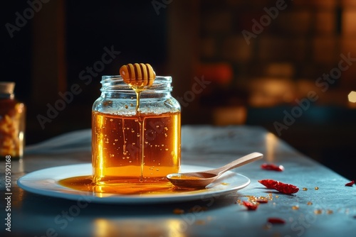 Delicious Honey Drizzling From a Wooden Spoon Over a Small Jar With Chili Pep...