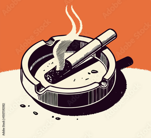 Smoking Cigarette in Ashtray, Vintage Style Illustration
