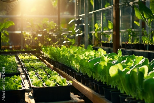 Greenhouse Filled With Vibrant Lettuce and Plants Basking in Warm Sunlight Du...