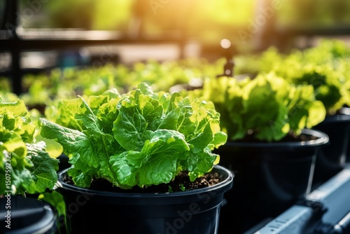 Greenhouse Filled With Vibrant Lettuce and Plants Basking in Warm Sunlight Du...