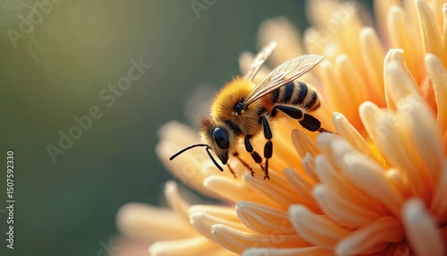 Close-up bee collecting nectar on flower. Bee pollinates bloom. Symbiosis of insect, floral natural life. Bees pollinate plants, flowers, essential for food production, maintain ecosystem balance.