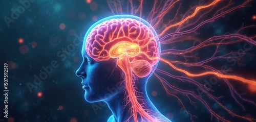Illustration of human central nervous system. Brain, spinal cord, nerve networks in intricate detail. Colorful synapses, neural pathways, glowing head, medical science tech.