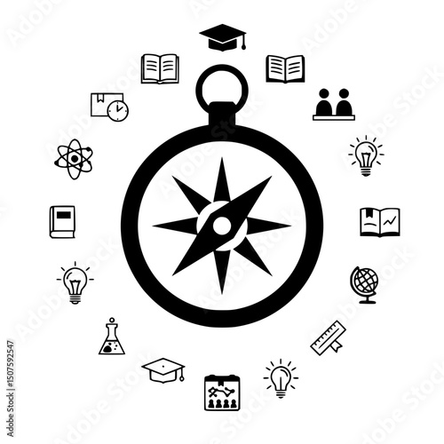 Icon Compass surrounded by educational icons in a minimalist design