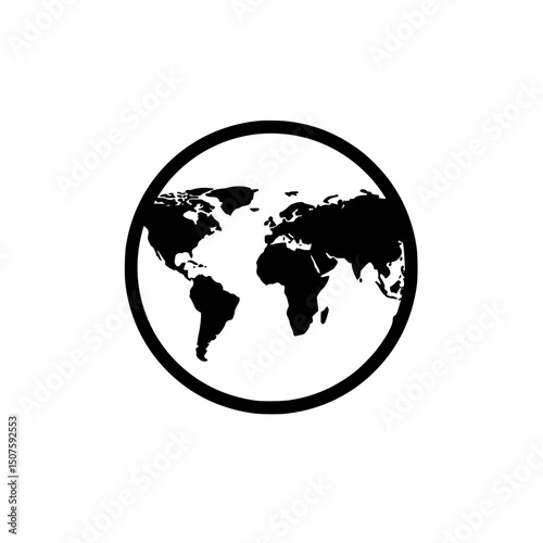 Icon Black and white globe illustration with world map inside circle  