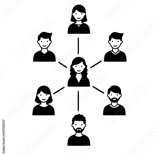 Icon Network of six people connected to a central figure in black icons  