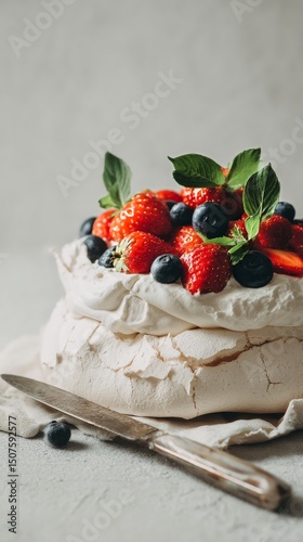 Beautiful Meringue Dessert Topped With Fresh Strawberries and Blueberries Dur...