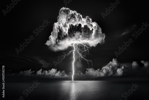 Dramatic Lightning Strike Illuminates Stormy Clouds Over Calm Ocean at Dusk