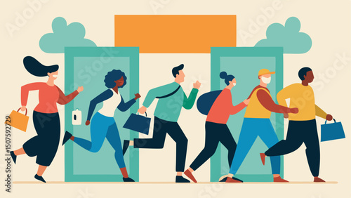 Crowd Rush A diverse group of shoppers sprinting towards an open store entrance their expressions filled with excitement and determination.