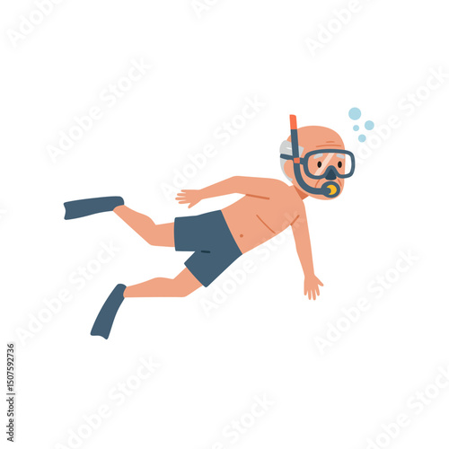 Snorkeling elderly man swimming underwater with gear and bubbles. Happy aging and retirement, vacations and traveling