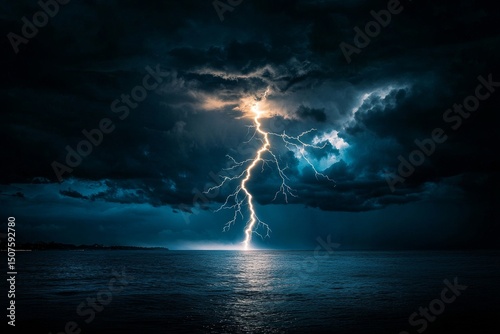 Dramatic Lightning Bolt Strikes Across Dark Ocean Waters Under Stormy Sky