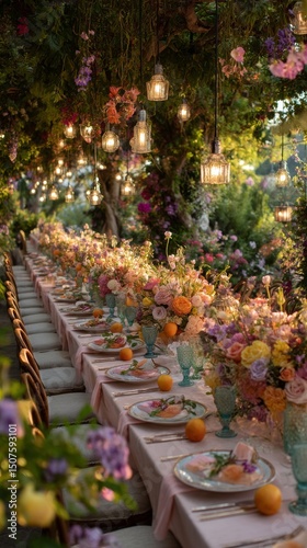 Beautiful Garden Dinner Setting Adorned With Flowers and Fairy Lights at Sunset