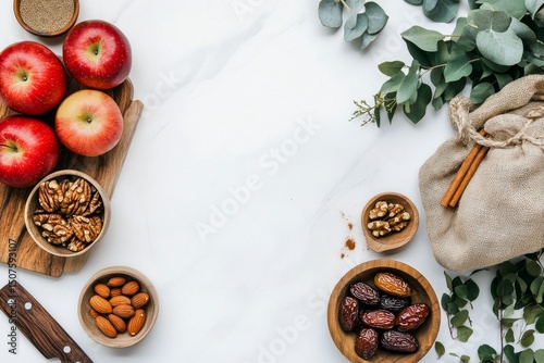 Healthy Snack Preparation With Apples, Nuts, and Spices on a Marble Countertop