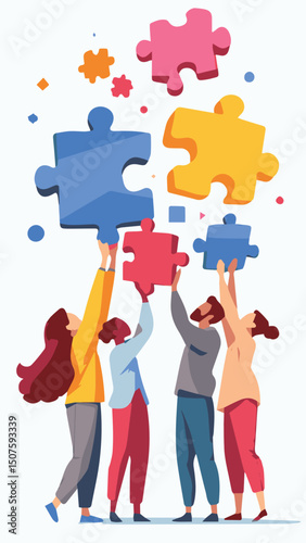 people holding jigsaw puzzle pieces vector illustration