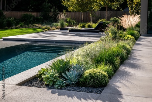 Modern Backyard Oasis With Sleek Pool and Vibrant Greenery in Bright Afternoo...