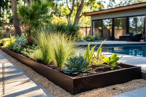 Modern Backyard Oasis With Sleek Pool and Vibrant Greenery in Bright Afternoo...