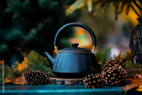 Elegant Black Kettle Surrounded by Pinecones and Foliage in a Cozy Outdoor Se...
