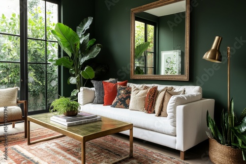 Elegant Living Room Design With Greenery and Stylish Decor in Natural Lighting
