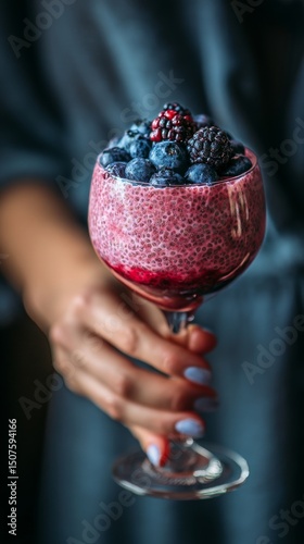 Delicious Berry Chia Pudding Served in an Elegant Glass With Fresh Fruits on Top