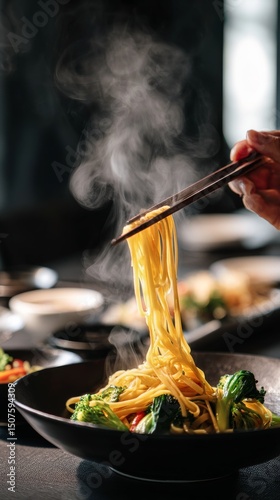 Delicious Hot Noodles With Vegetables Served in an Elegant Restaurant Setting