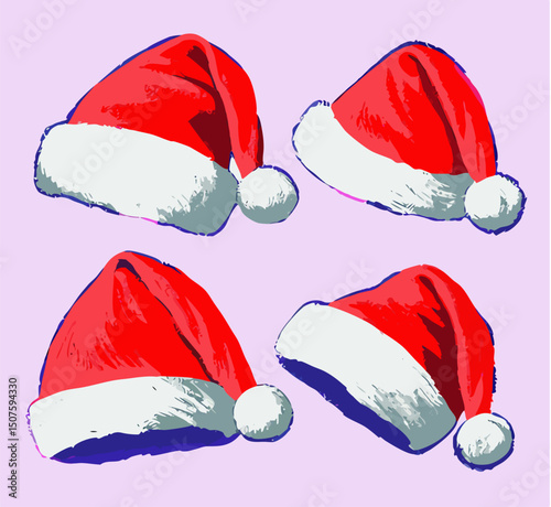 Four Santa Hats, Christmas Clipart, Holiday Design