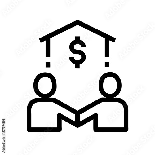 Co-Ownership – Shared Property Ownership with Dollar Icon: Outline icon of two people with a house and dollar sign, symbolizing co-ownership, shared property, or investment partnership in real estate.
