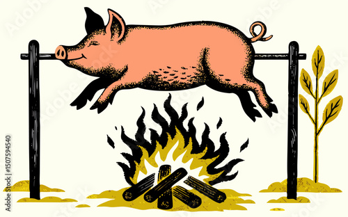 Roasted Pig on Spit over Fire, Cartoon Illustration