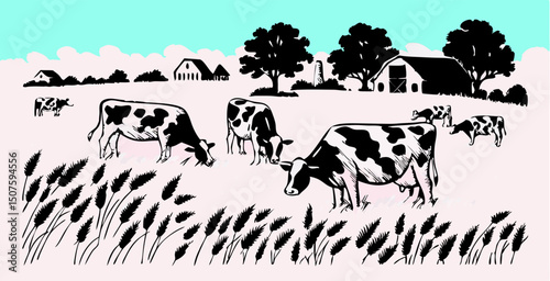 Cows Grazing in Pasture, Farmland Illustration