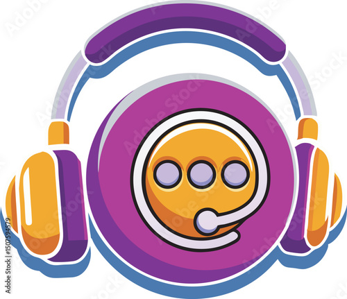 3D Hotline support service with purple headphones and bubble message. Call center concept. Online user consultation. Chatbot for help and consumer questions. Cartoon design icon on white 