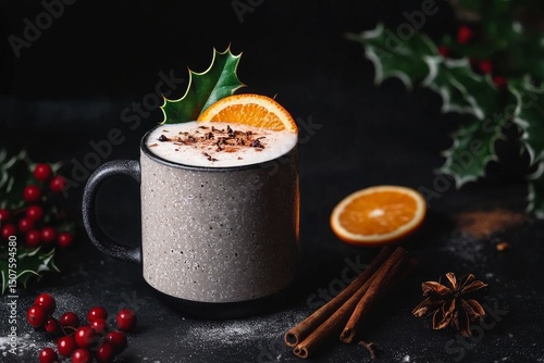 Warm Holiday Beverage With Spices and Fruit Garnishes on a Dark Surface