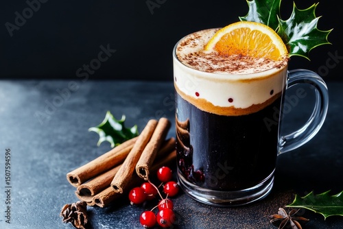 Warm Holiday Beverage With Spices and Fruit Garnishes on a Dark Surface