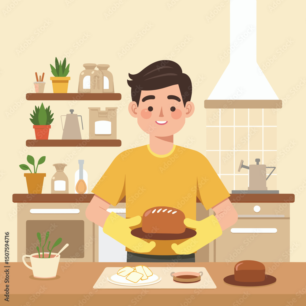 A man holds freshly baked bread in his hands in a cozy kitchen A man holds freshly baked bread in his hands in a cozy kitchen