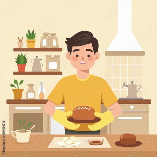 A man holds freshly baked bread in his hands in a cozy kitchen