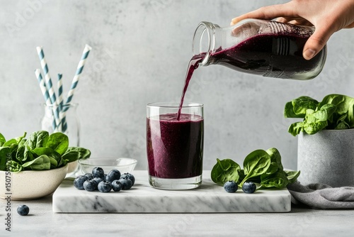 Fresh Smoothie Preparation With Spinach and Berries in a Modern Kitchen Setting