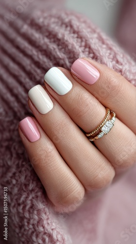 Stylish Manicure With Pastel Colors and Elegant Rings on Cozy Sweater