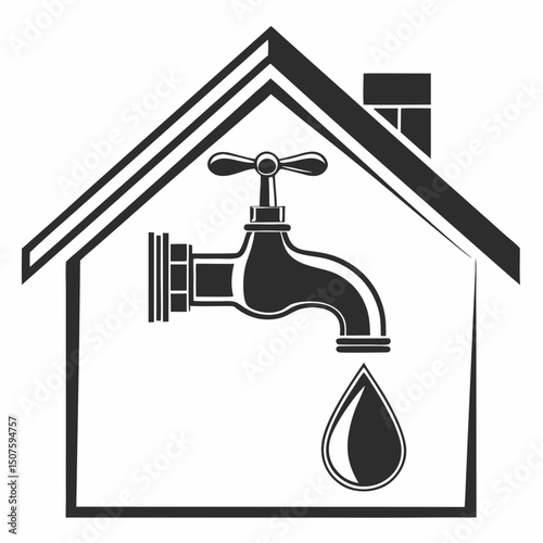 House silhouette with faucet and water droplet symbolizing plumbing and home comfort in black and white
