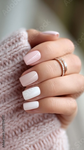 Elegant Manicure With White and Nude Nails Adorned With a Delicate Ring in a ...